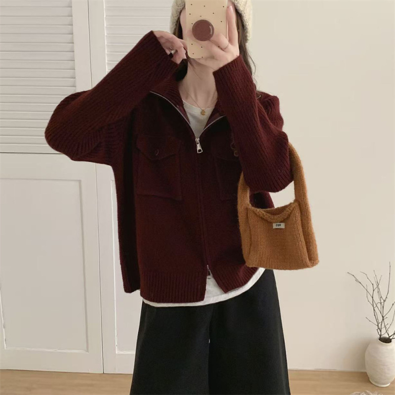 跨境双拉链翻领口袋毛衣女外套秋冬新款软糯长袖短款针织开衫上衣|undefined