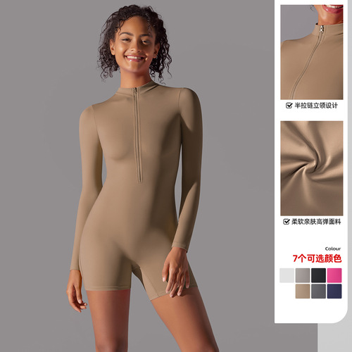 Half-open collar zipper long-sleeved jumpsuit fitness sports sexy tight jumpsuit brushed nude feeling skin-friendly yoga wear