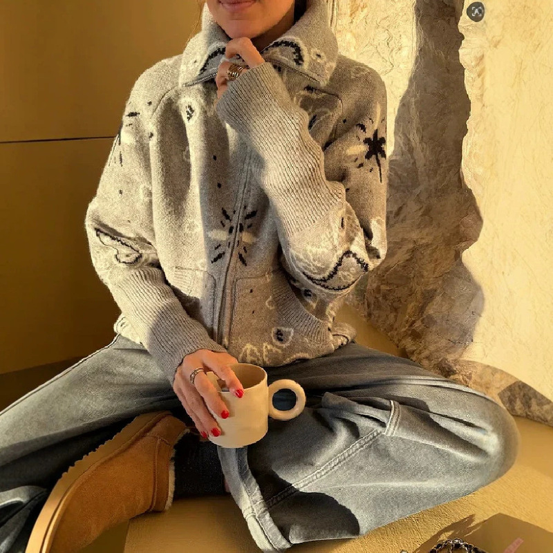 Cross-border European and American women's fashion autumn and winter new style, stylish inner layer with double zipper design, versatile loose long-sleeve cardigan sweater