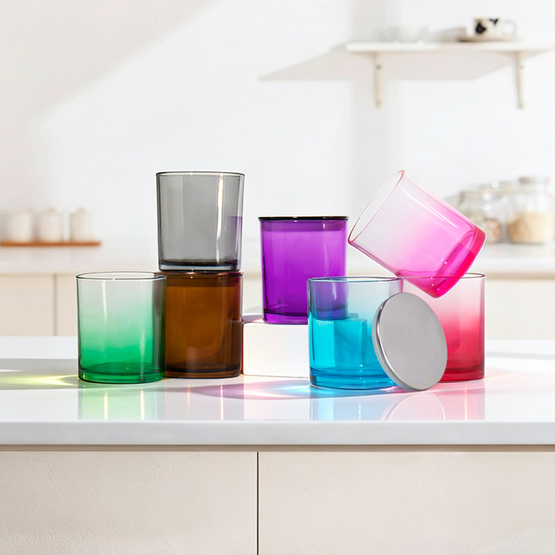Taza de vela de color taza de vidrio perfumado taza vacía espesada gradiente de fragancia doméstica recipiente de vela con cubierta para decoración doméstica