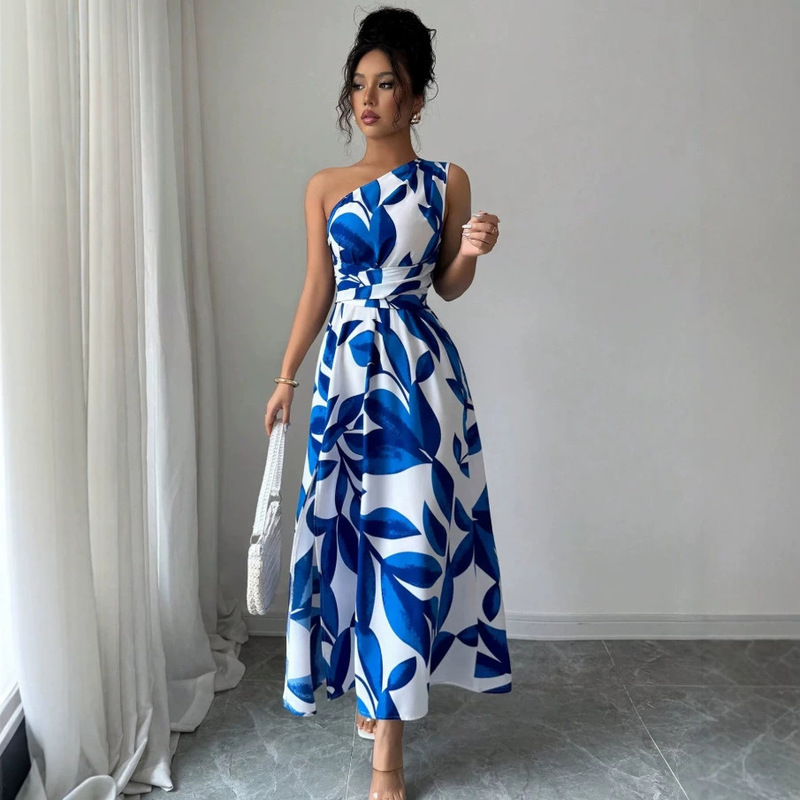 Cross-Border European and American Tropical Spring-Summer Hot-Selling Printed One-Shoulder Slit Dress for Women, Elegant Long Dress in Vacation Style