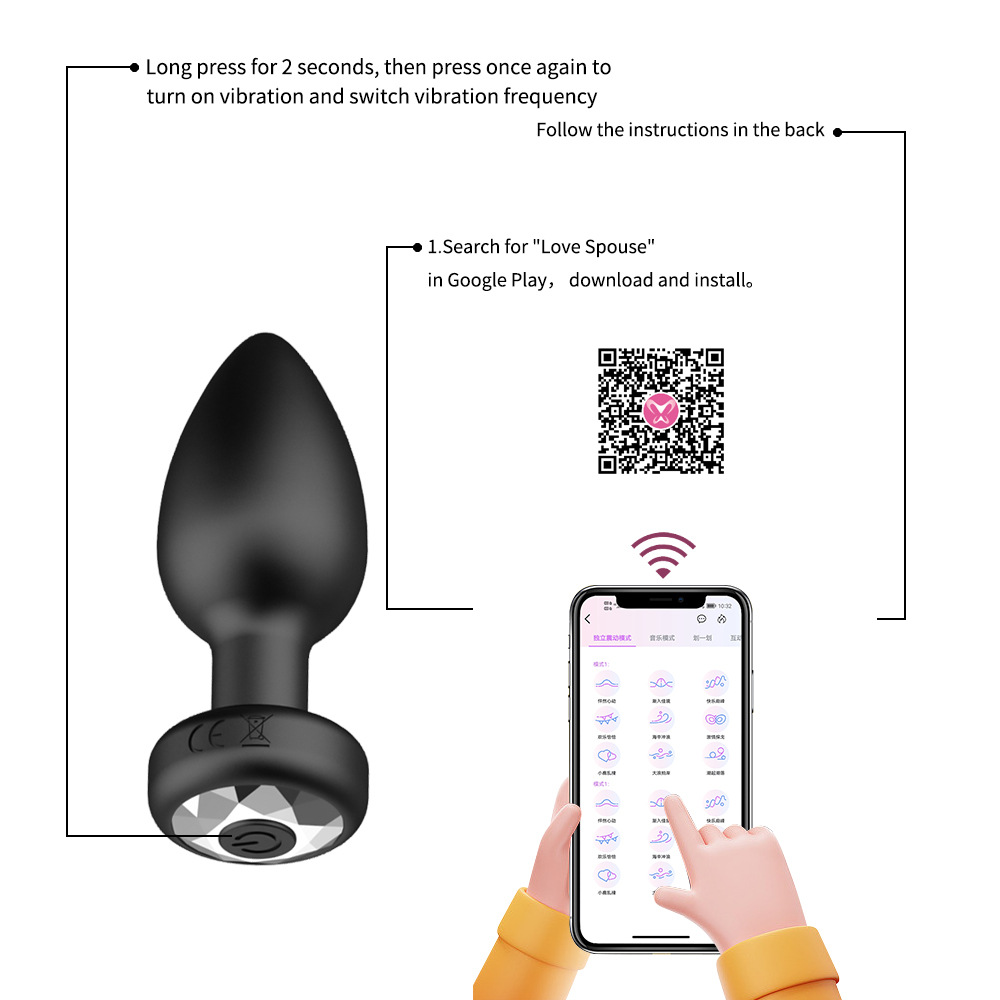 APP Remote Control Vibrating Anal Plug Set, 10 Frequencies, Silicone, Black, 4-Piece — detail image 8