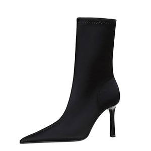 325-1 European and American Style Fashion Banquet Slim and Simple High Heel Short Boots Pointed Elastic Lycra Ultra High