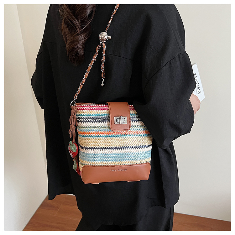 Seaside vacation beach rainbow woven bag for women 2025 Summer New style fashionable, simple, casual and high-quality single-shoulder bucket bag undefined
