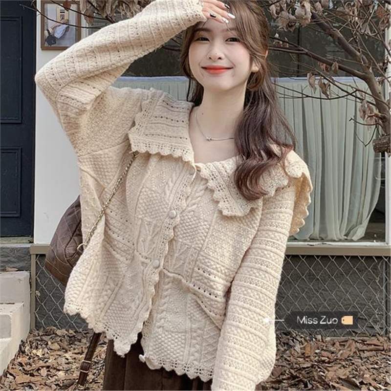 针织开衫女春秋新款法式温柔娃娃领纯色外套小众韩系chic别致上衣