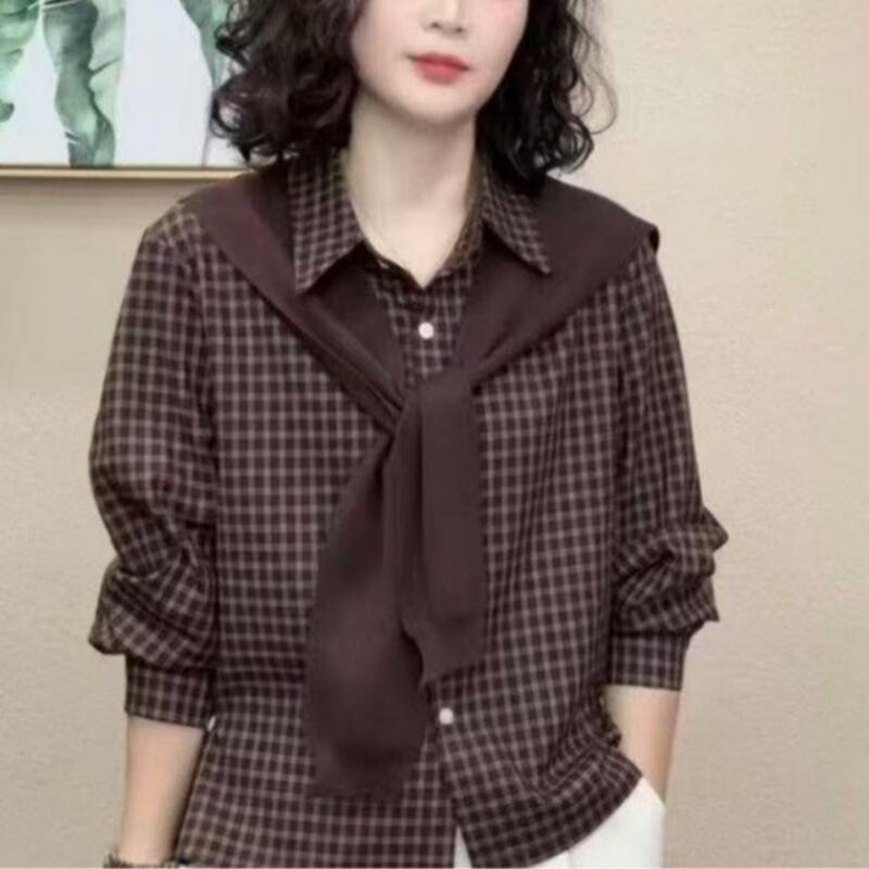 New fashionable autumn stylish age-reducing loose slimming versatile plaid long-sleeve shirt for women