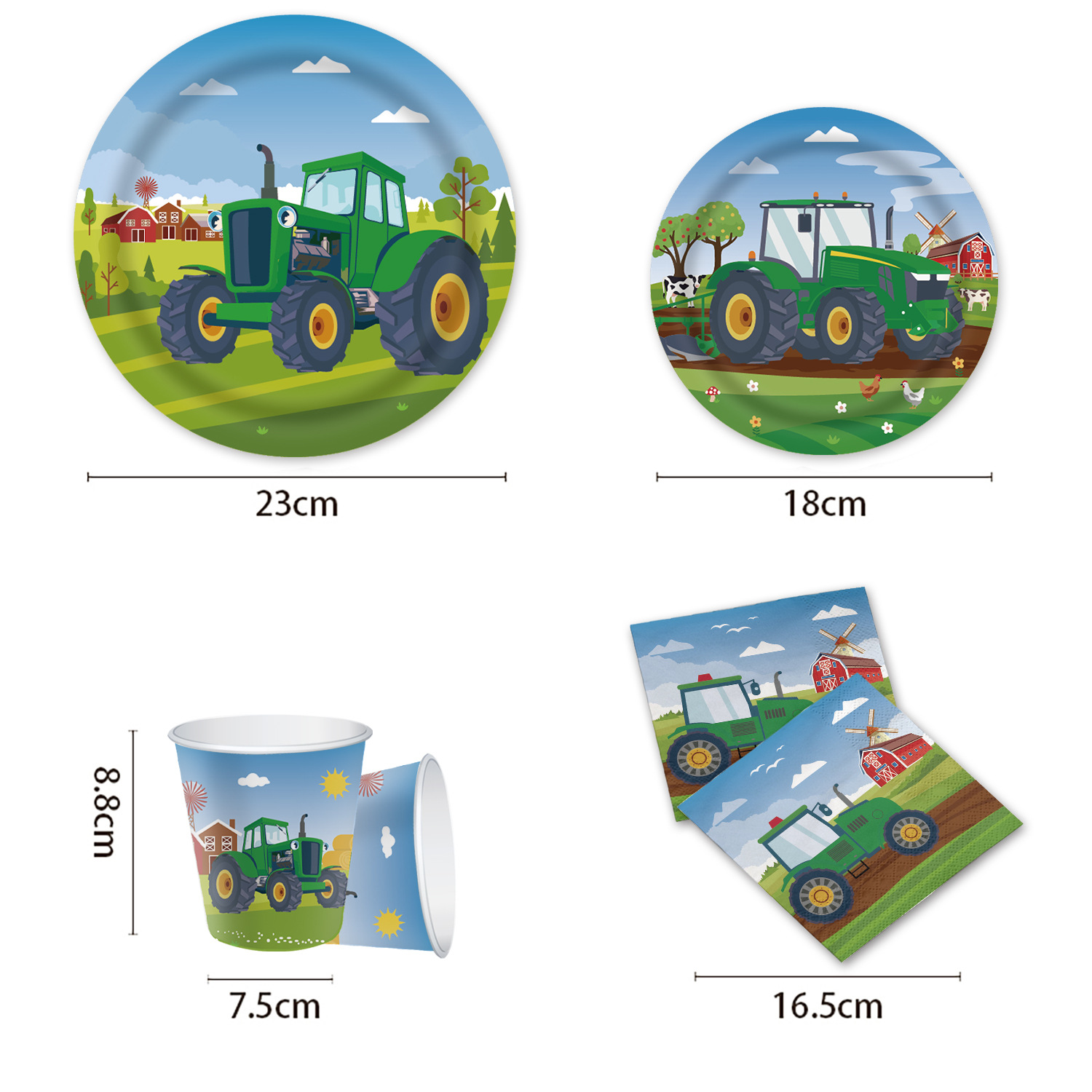 Juego de mantel con tema de tractor de fiesta de granja, comida de cumpleaños de coche, bandeja de papel desechable, taza de papel, mantel de toalla de papel