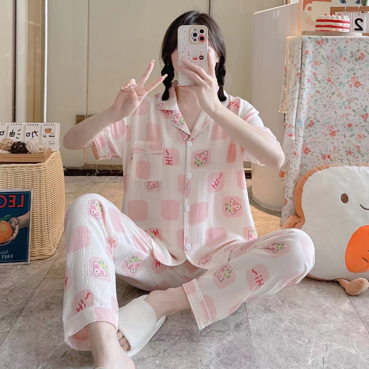 Pajamas de espuma tejidos de verano de algodón pantalones largos de mangas cortas ropa para el hogar de verano delgada de algodón conjunto de dos piezas