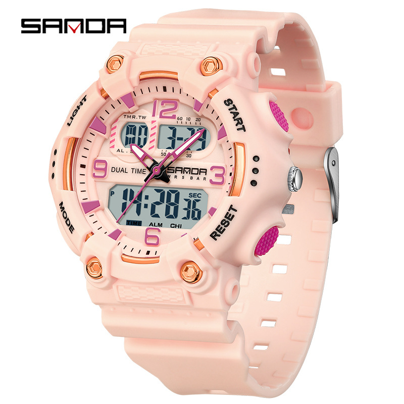 SANDA reloj juvenil de moda color contraste doble pantalla reloj multifuncional para hombres y mujeres estudiantes reloj electrónico de luz nocturna
