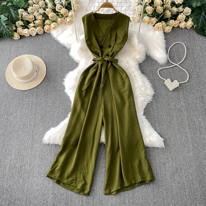 Foreign Trade Light Mature Style Double-Breasted V Neck Sleeveless Jumpsuit for Women Summer New Style Lace-Up Waist Slimming Look Wide Legs Foreign Trade Light Mature Style Double-Breasted V Neck Sleeveless Jumpsuit for Women Summer New Style Lace-Up Waist Slimming Look Wide Legs