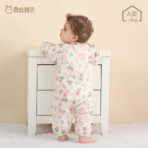 Strictly Selected Baby Infant Double Layer Gauze Cotton Onesie Spring and Autumn Long Sleeve Crawling Suit Warm Home Crawling Suit Monk Suit 