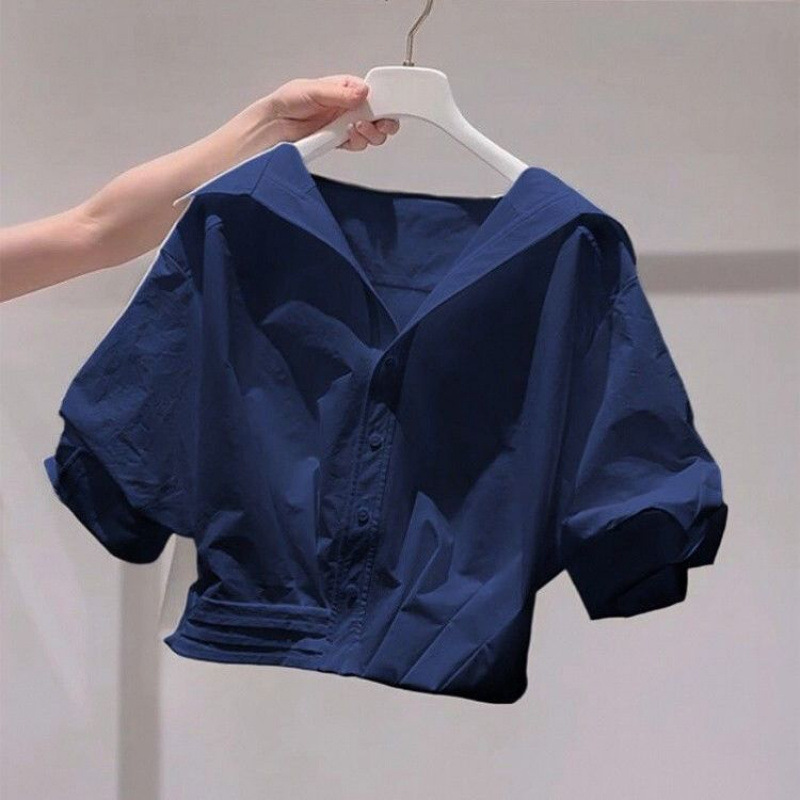 超見栄えの良いネイビーブルーラペルパフスリーブシャツ女性用2025夏新作レイジースタイルルーズショートトップトレンディ|undefined