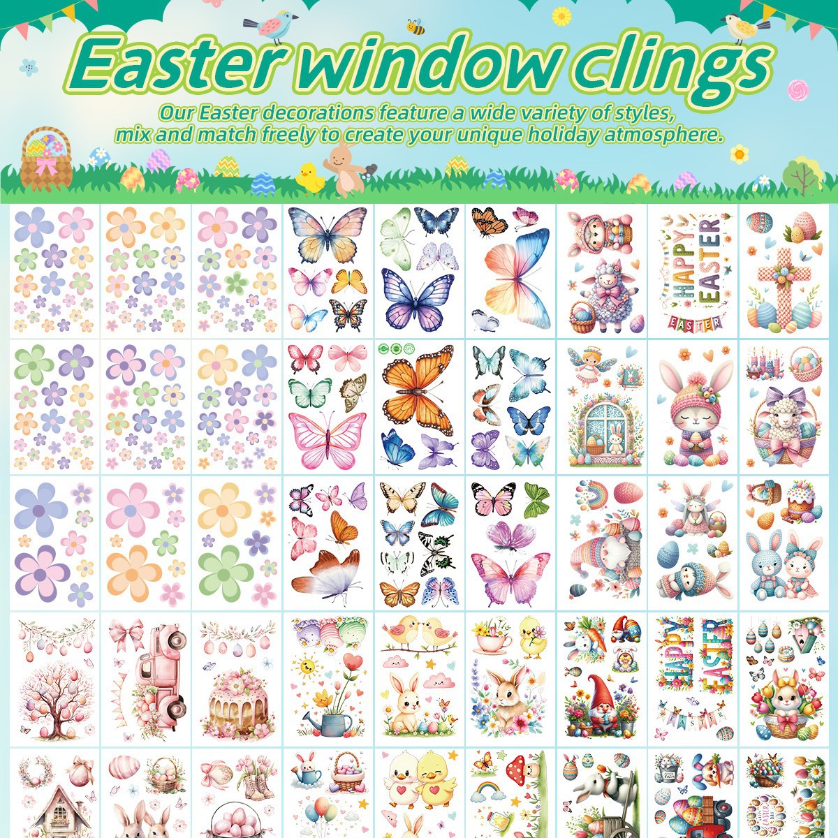 2026新款跨境复活节静电窗贴橱窗玻璃装饰贴兔子彩蛋元素玻璃贴纸