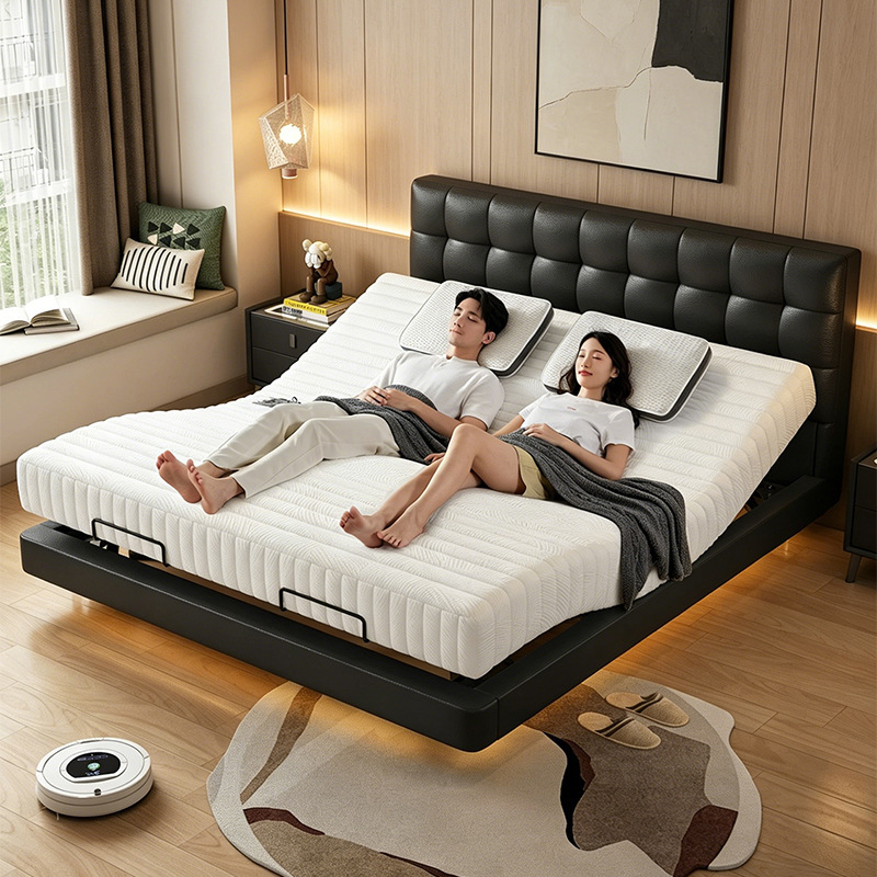 Suspended Bed, Italian-Style Minimalist Leather Bed, Modern Simple Design for Master Bedroom, with Adjustable Soft Backrest, Non-Disturbing Double Leather Bed Suspended Bed, Italian-Style Minimalist Leather Bed, Modern Simple Design for Master Bedroom, with Adjustable Soft Backrest, Non-Disturbing Double Leather Bed