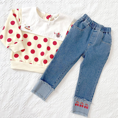 girl Fashionable Embroidery Cherry Flanging Jeans 2022 Autumn New products children Versatile Western style Feet trousers