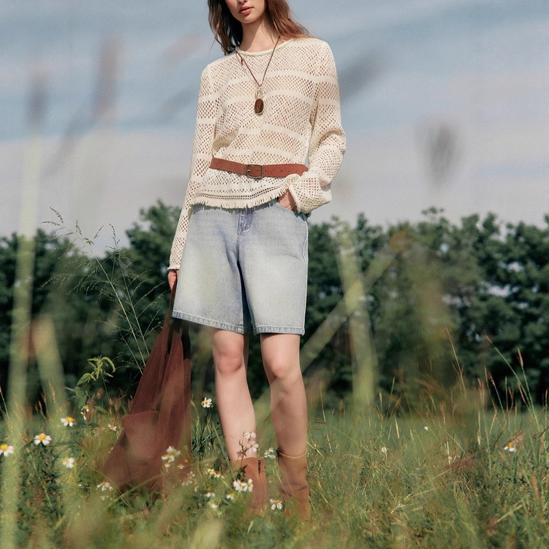 Customized [Cream Venus] Elle Tassel Round-Neck Casual Blouse for Women 2025 Summer New Style Hollow-Out Cover-Up