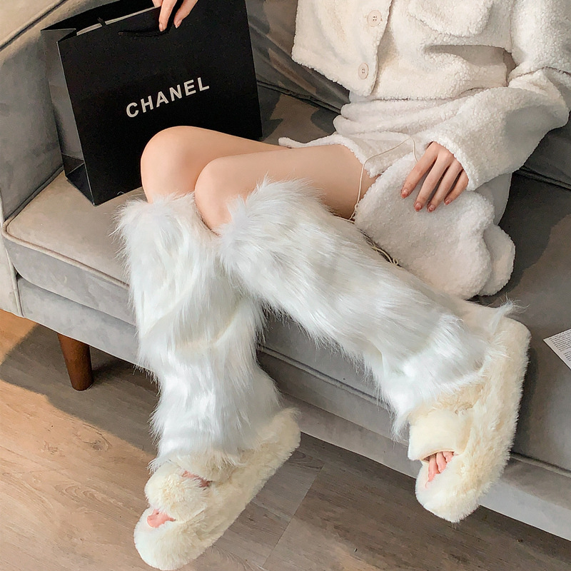 Y2K Sexy White Plush Autumn and Winter Warm Bow Furry Leggings with Snow Boots Mid-Calf Socks for Women