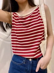 Big dimple youthful single product striped one-line collar vest cool linen texture casual knitted bottoming pullover vest