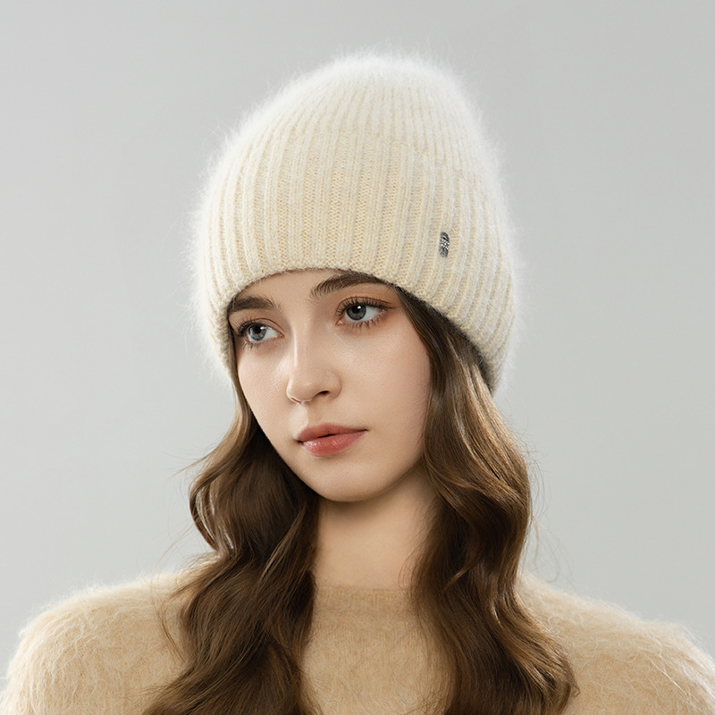 Mũ len beanie nữ lông thỏ dệt kim ấm áp mùa thu đông — màu be