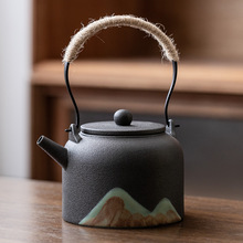 远山提梁壶黑陶陶瓷单壶家用煮茶器泡茶壶功夫茶具复古蜡烛温茶台