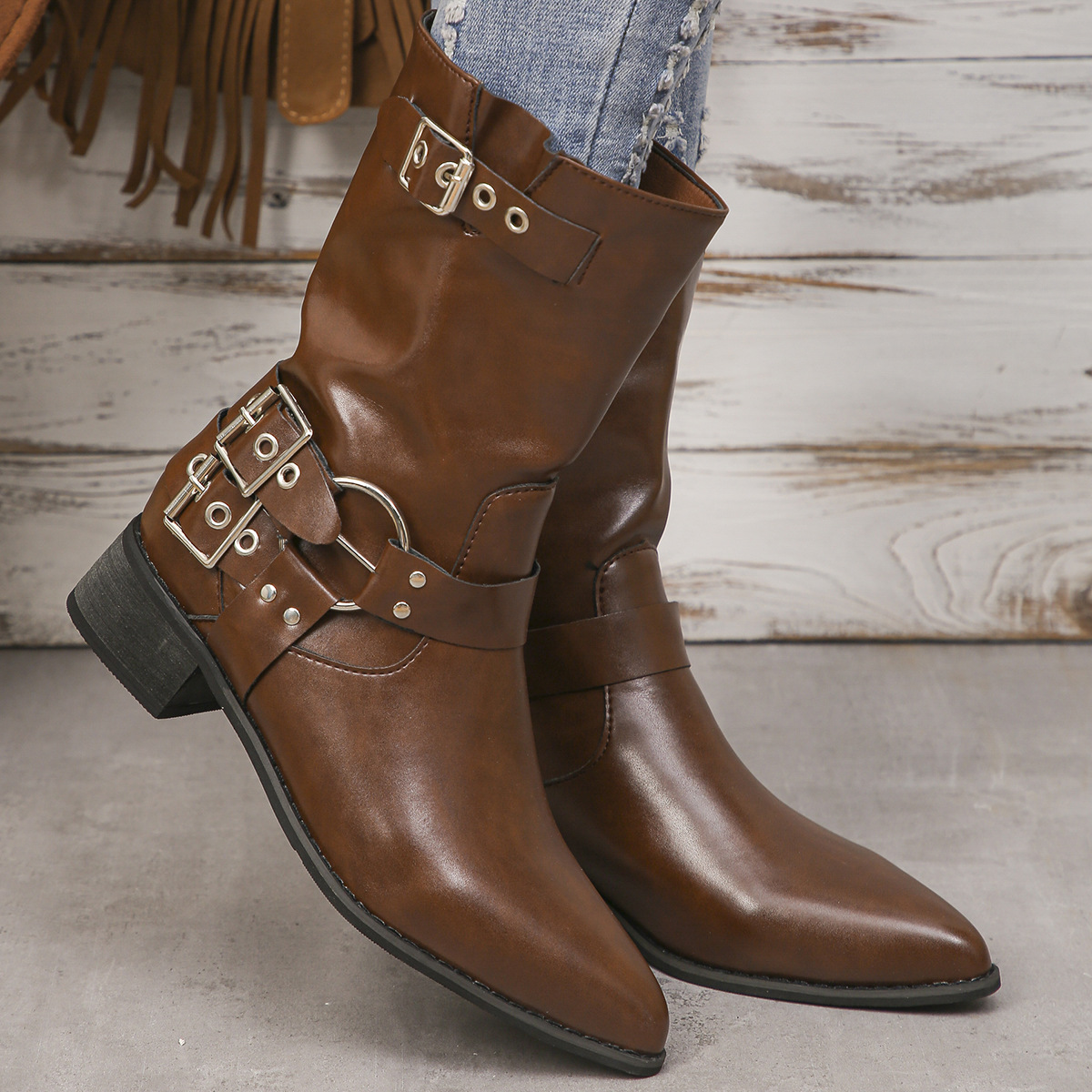 Women's Shoes Western cowboy boots women's retro punk belt buckle martin boots miu home heightened rubbed brown mid tube knight boots_voghion.com