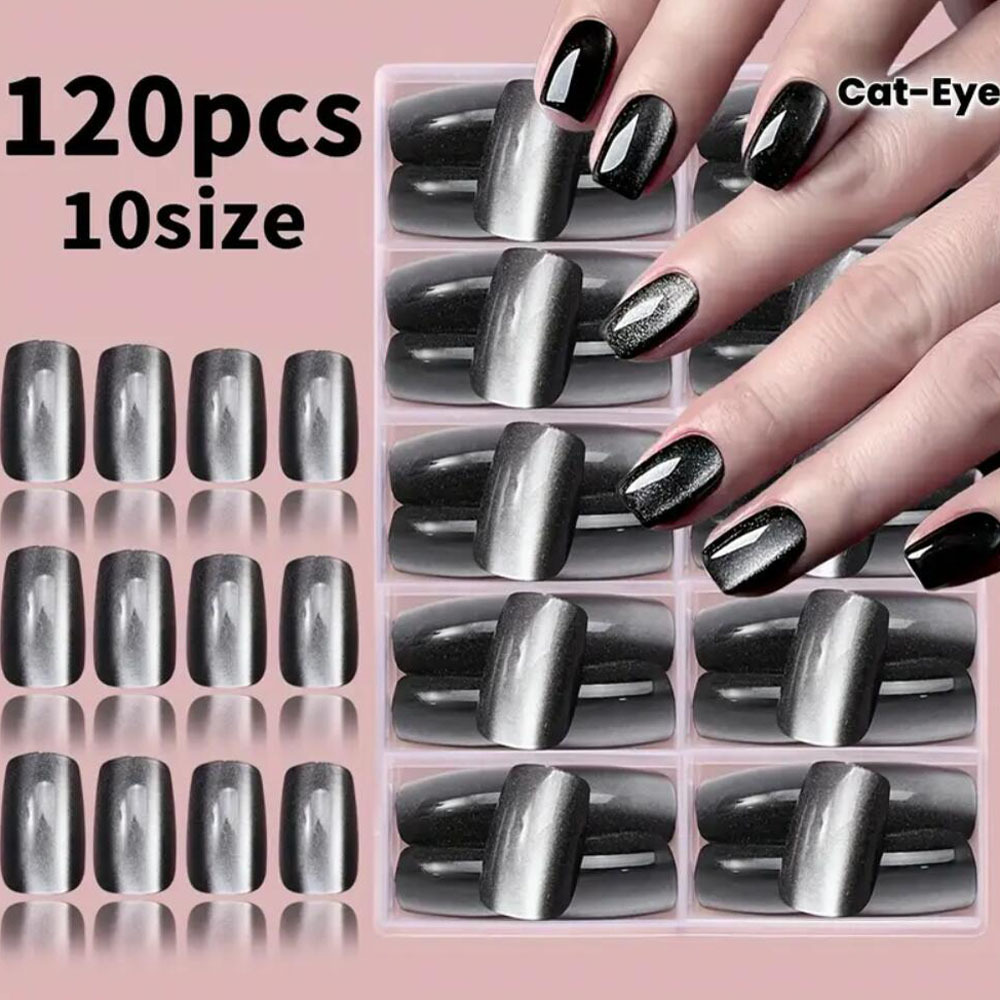 Hot-Selling Black Cat-Eye Short Square Manicure Nails on Independent Station 10-Grids Boxed 120 Pieces Japanese and Korean Girls Wear Nails