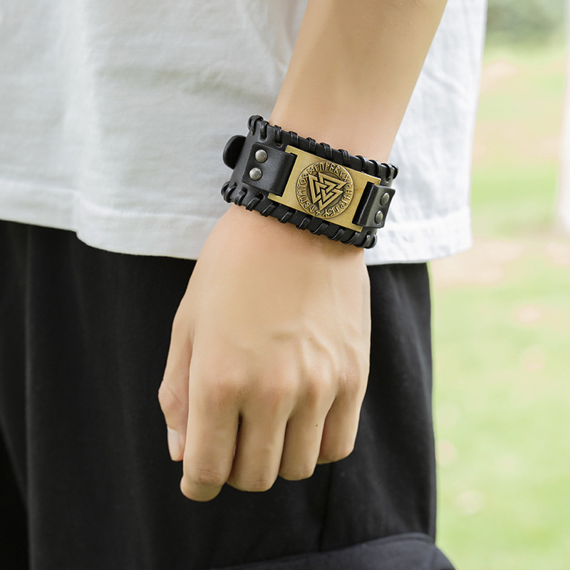Fashion Viking Totem Triangle Energy Leather Woven Bracelet