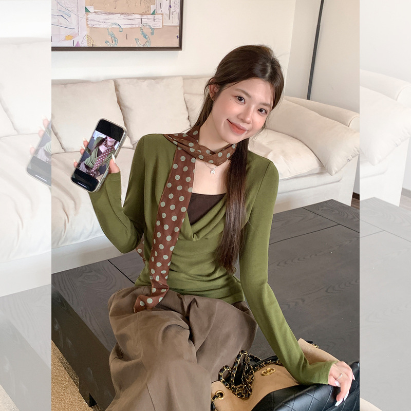 Green Fake Two-Piece Sweet Girl Off-Shoulder Slim-Fit Slimming Off-Shoulder Top Long-Sleeve T-Shirt Women's Autumn Base Shirt