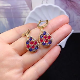 925 silver inlaid natural ruby sapphire earrings earrings European and American jewelry color treasure series exquisite personality 3*4
