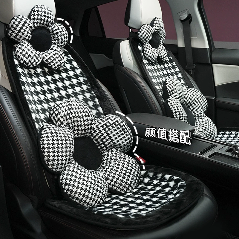 Подушка для автомобильного сиденья зимняя, высококачественная, плюшевая, с узором «гусиная лапка», с подогревом, из искусственного кроличьего меха, универсальная, нескользящая накидка на сиденье