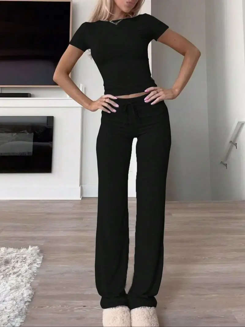 2025 European And American Cross-Border New Casual Set Short Sleeve Top Long Pants Homewear Sportswear Yoga Wear_ecoleips.com