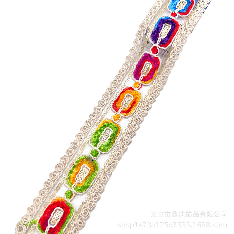 Hilo de algodón de estilo étnico encaje de color cordón de hueso franela bordado lentejuelas código de barras accesorios de ropa encaje encaje Hanfu