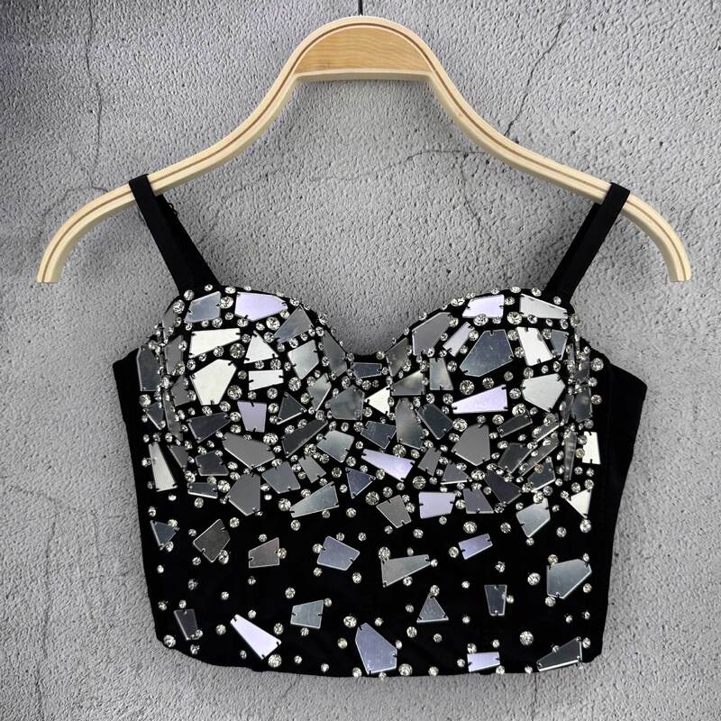 Shining punk style heavy industry nail bead design black glass sequin camisole 2024 autumn new real shot Shining punk style heavy industry nail bead design black glass sequin camisole 2024 autumn new real shot