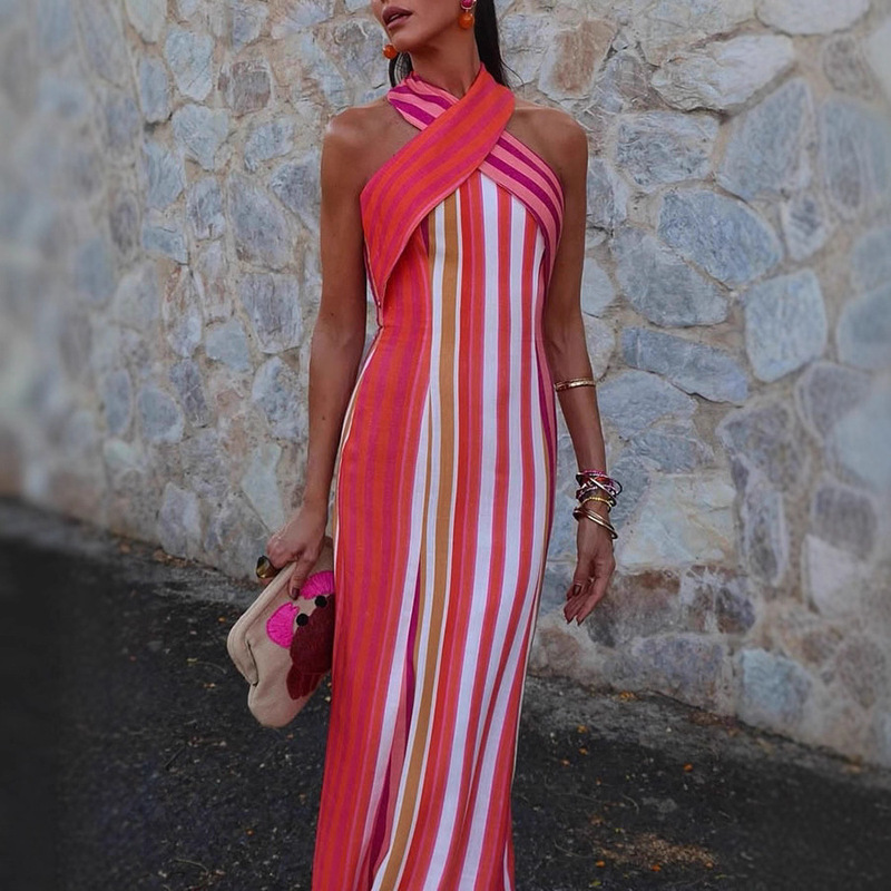 Amazon Independent Station Cross-Border Foreign Trade Summer Elegant Women's Cross Halter Neck Sleeveless Slim Long Striped Dress