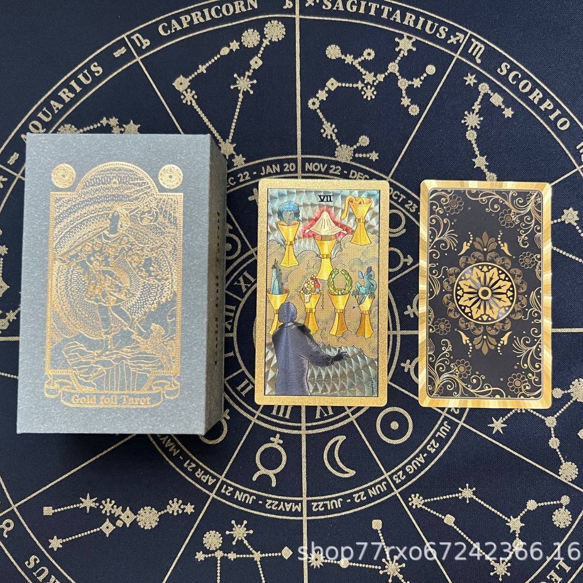 Suministro transfronterizo de lámina de oro Tarjeta de tarot Carlo tarjeta Torre libro tarot impresión en color PVC impermeable manual juego de mesa mantel