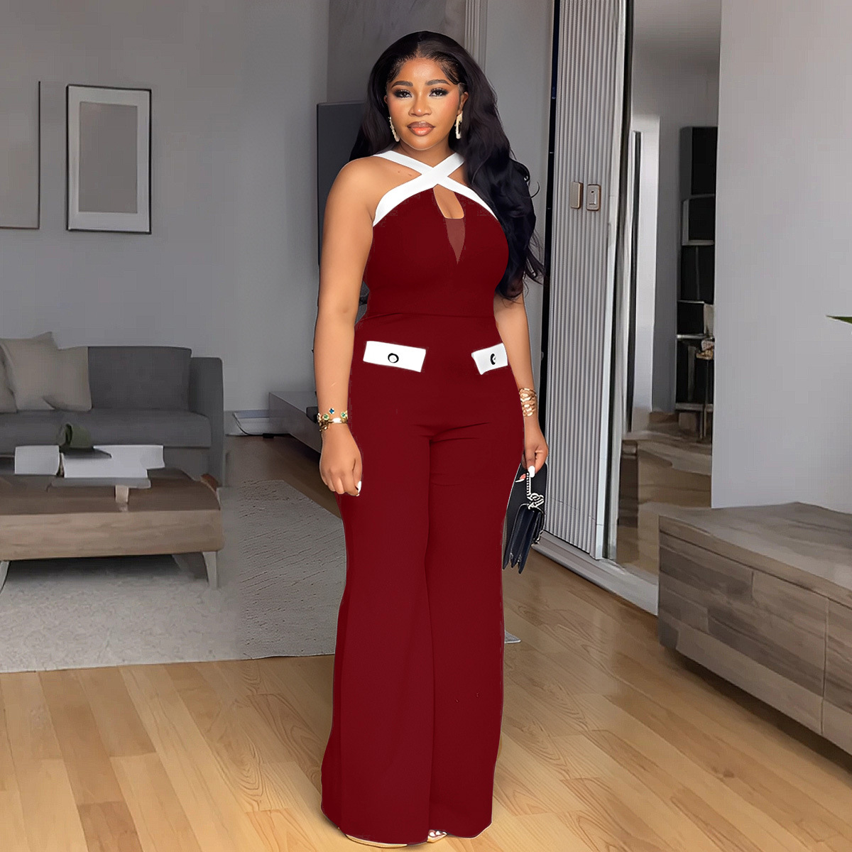 Elegant Commuter Women's Color Block Slim Fit Wide Leg Jumpsuit Cross Strap Stretch European American Style S11216_voghion.com