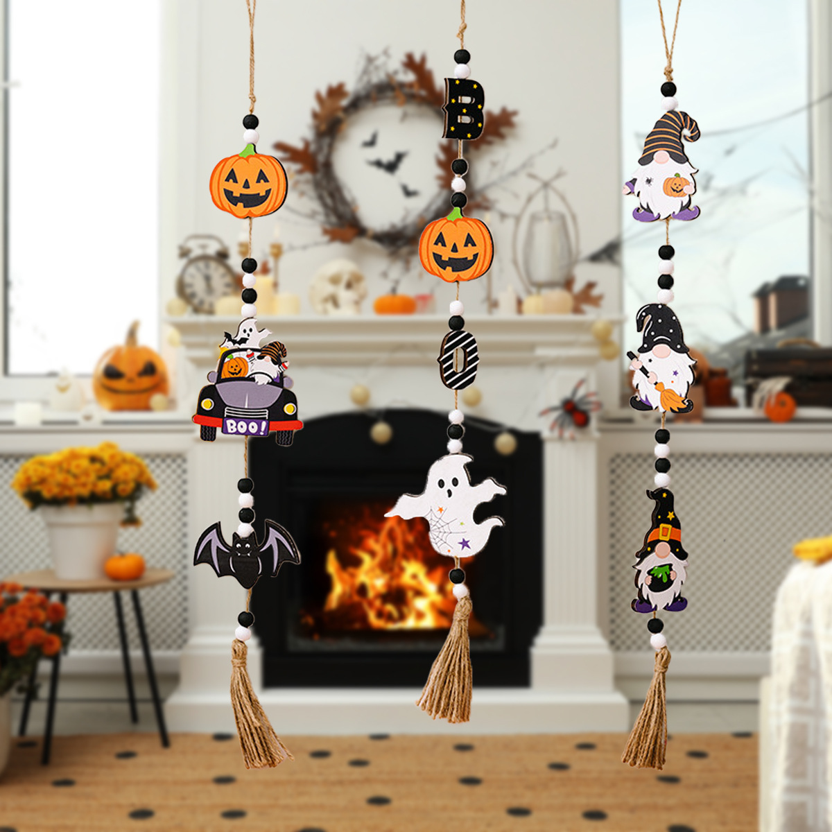 Escenas de Halloween accesorios de vestuario fantasma día de muertos cuentas colgantes calabazas de madera fantasma casa colgantes de pared