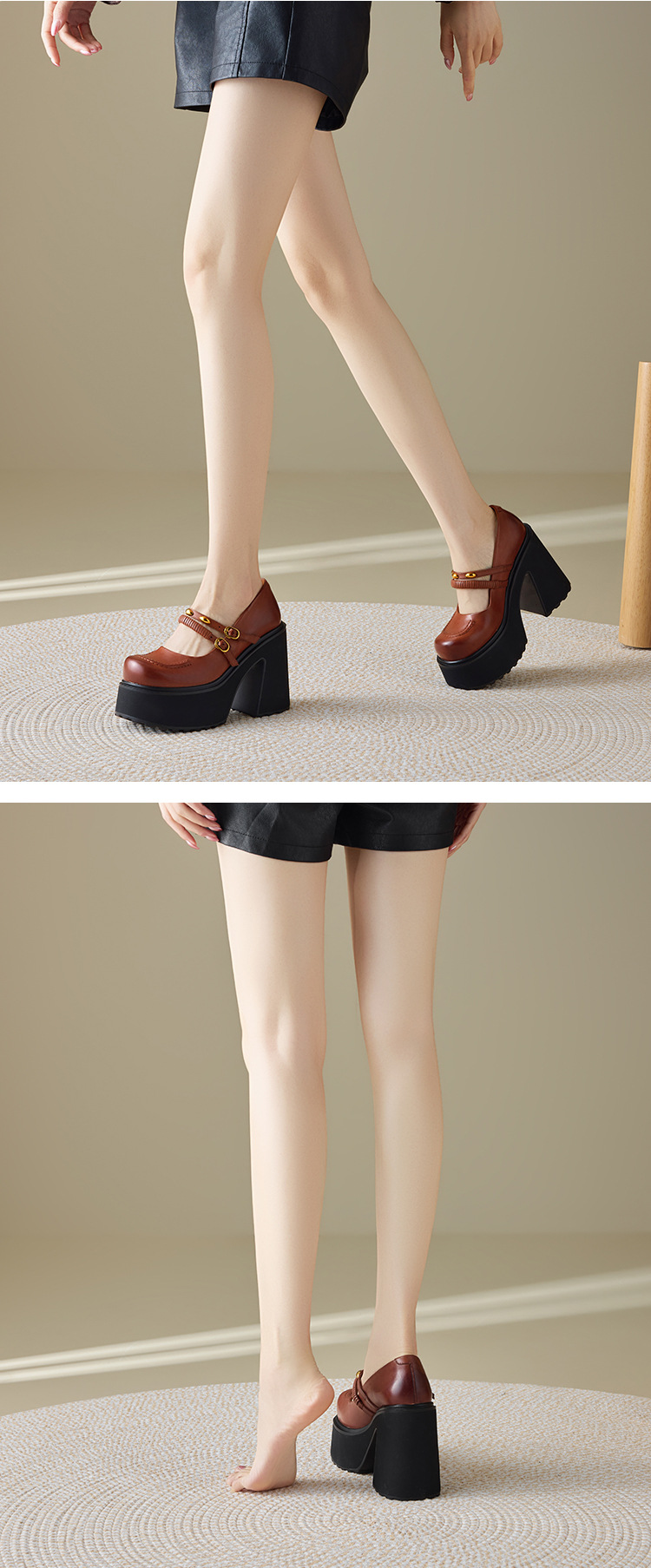 Giày Mary Jane nữ đế dày 12 cm phong cách cổ điển học sinh — màu nâu chi tiết 4