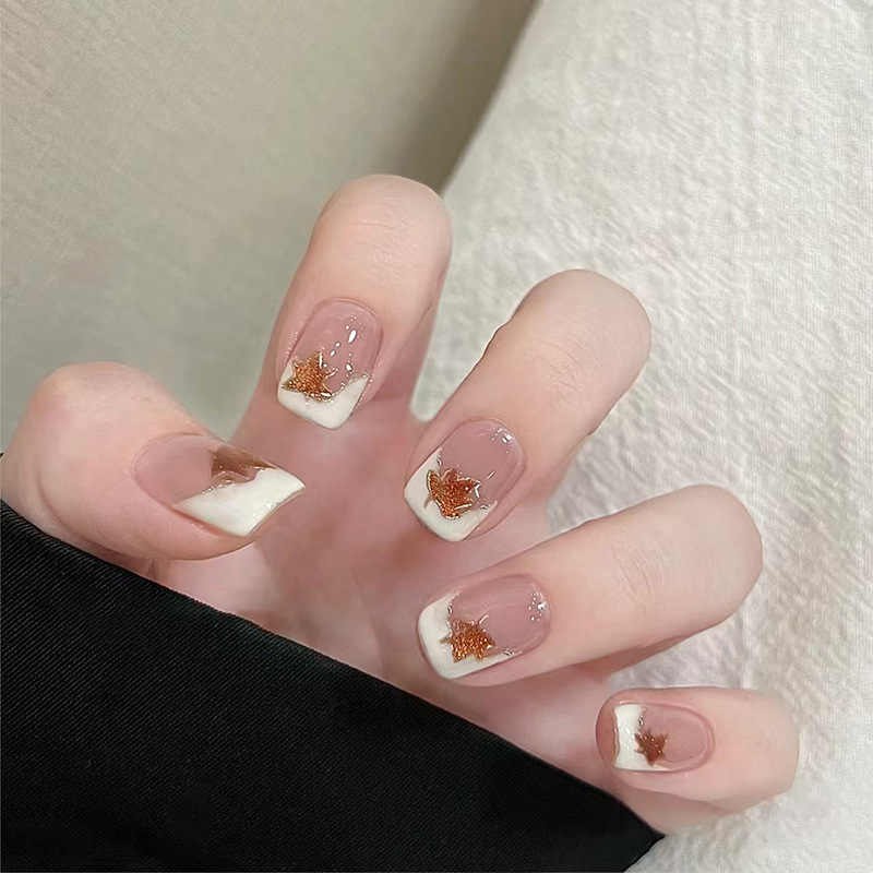 Short square fashionable maple leaf, universal removable fake nails for manicure, french style, 24 pieces