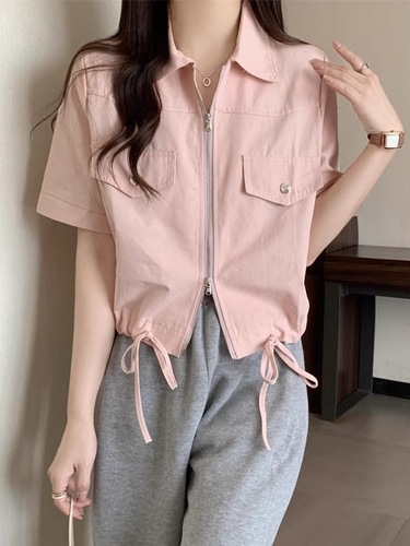 Short-Sleeve Regular Shoulder Workwear Top for Women, Spring Large Size for Plus Size, Slimming Design, Double Zipper Shirt