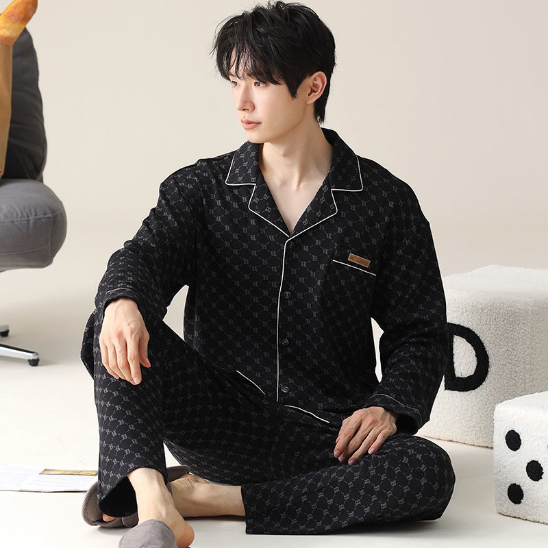 2025 남성 봄, 가을 면 잠옷 카디건 긴팔 바지 정장 루즈한 플러스 사이즈 집 밖에서도 입을 수 있습니다