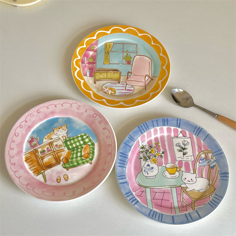 Cute Children's Fun Cartoon Ceramic Plate Korean Style High-value Household Tableware Dessert Plate Salad Breakfast Plate Ceramic Flat Plate