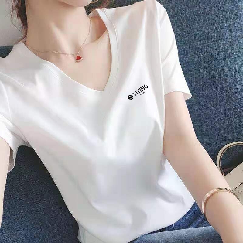 High-Quality Cotton White V-Neck Short-Sleeved T-Shirt for Women, Loose and Slimming, New Summer Style Printed Sweetheart Neck T-Shirt for Women, Half-Sleeved High-Quality Cotton White V-Neck Short-Sleeved T-Shirt for Women, Loose and Slimming, New Summer Style Printed Sweetheart Neck T-Shirt for Women, Half-Sleeved