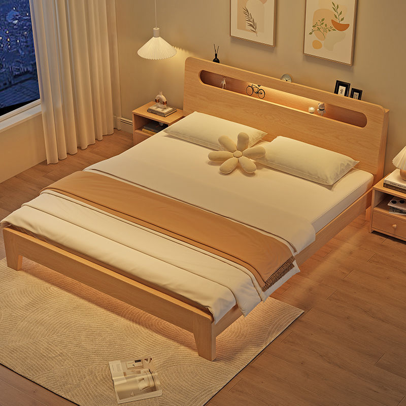 Solid Wood Bed 1.5m Double Bed 1.8m Household Simple Modern Economical 1.2m Single Bed Frame for Rental Housing