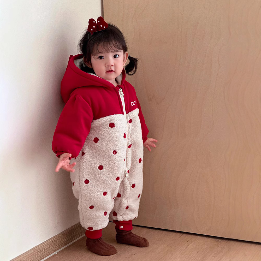 Ropa de invierno para bebés, pajarita de lunares, ropa de algodón gruesa, ropa de año nuevo lindo, ropa de mujer, mameluco para bebés, mameluco acolchado