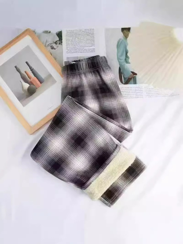 格子とベルベットのワイドパンツ女性冬の新型学生は腰がゆったりしているストレートで、子羊のベルベットの保温カジュアルパンツを厚くしている|undefined