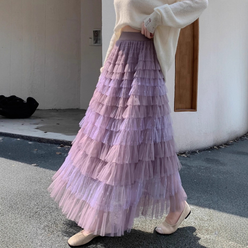 Fairy Heavy Industry Purple Gradient Mesh Cake Skirt Women's Autumn Long Design Slimming Long Skirt