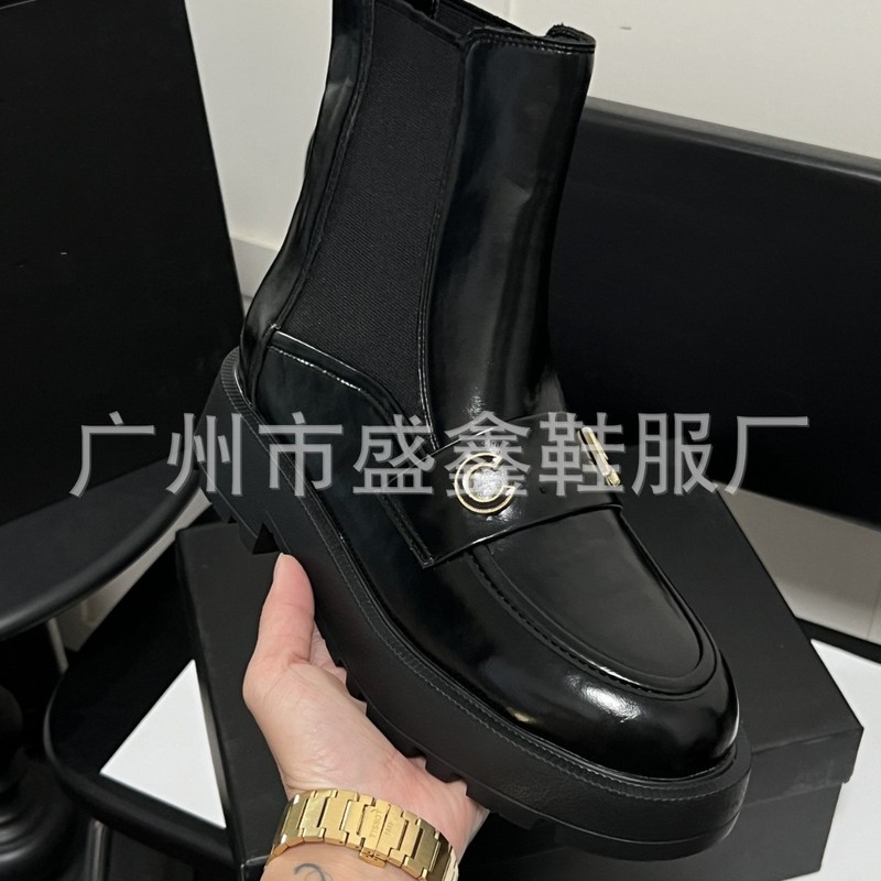 2025冬季新款小香风字母扣厚底短靴女弹力显瘦粗跟切尔西靴外贸|undefined