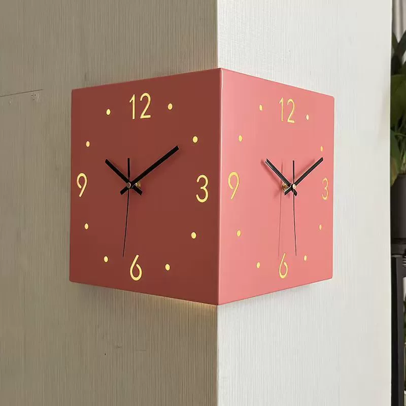 Corner Double-Sided Wall Clock, Two-Face Silent Design, LED Induction Options, Multi-Color