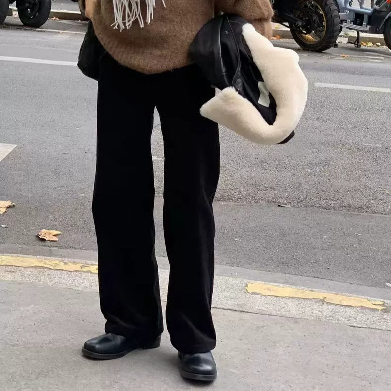 In Stock 2025 Winter New Korean Style Ou*Ce Loose Solid Color High-Waisted Straight-Leg Fleece-Lined Corduroy Casual Pants